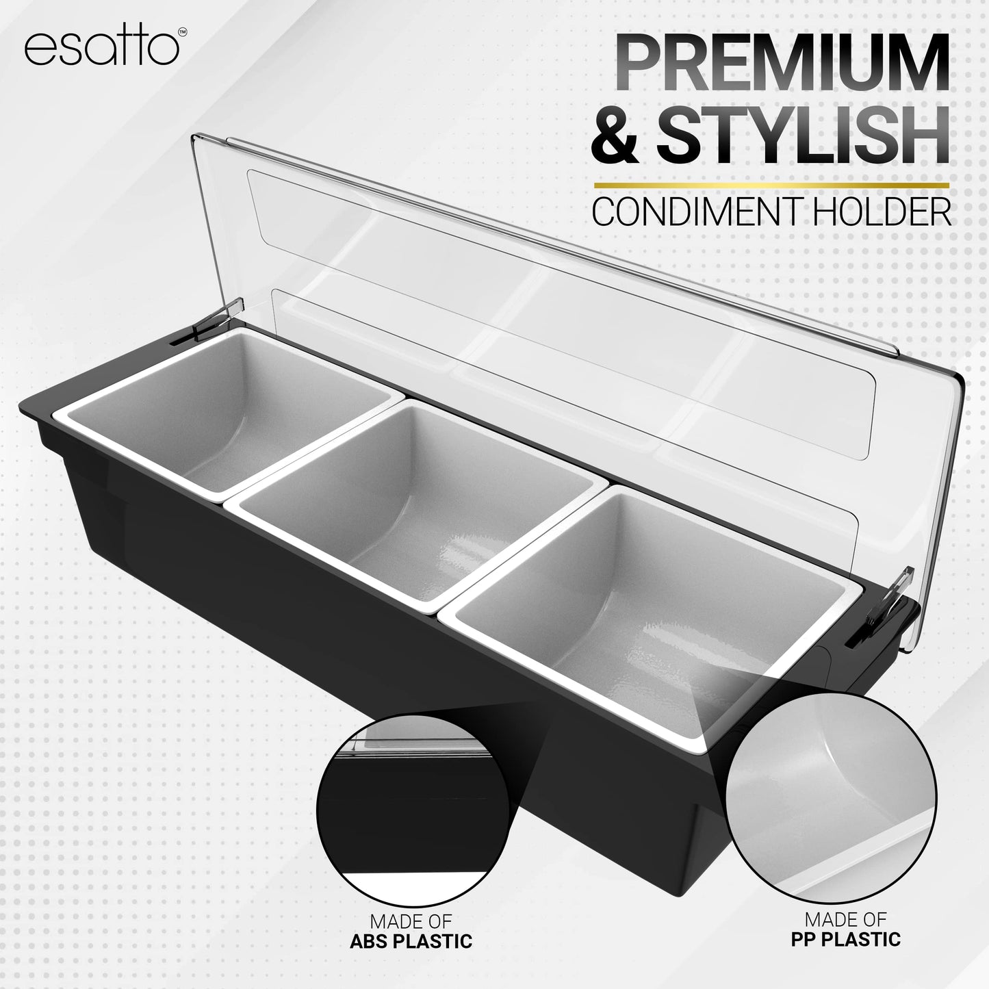 Esatto Bar Products Condiment Holder with Pint Inserts Black, Keeps Fruit and Berries Fresher Longer, Additional 12 Pourers, 12 Pourer Covers, 1 Muddler