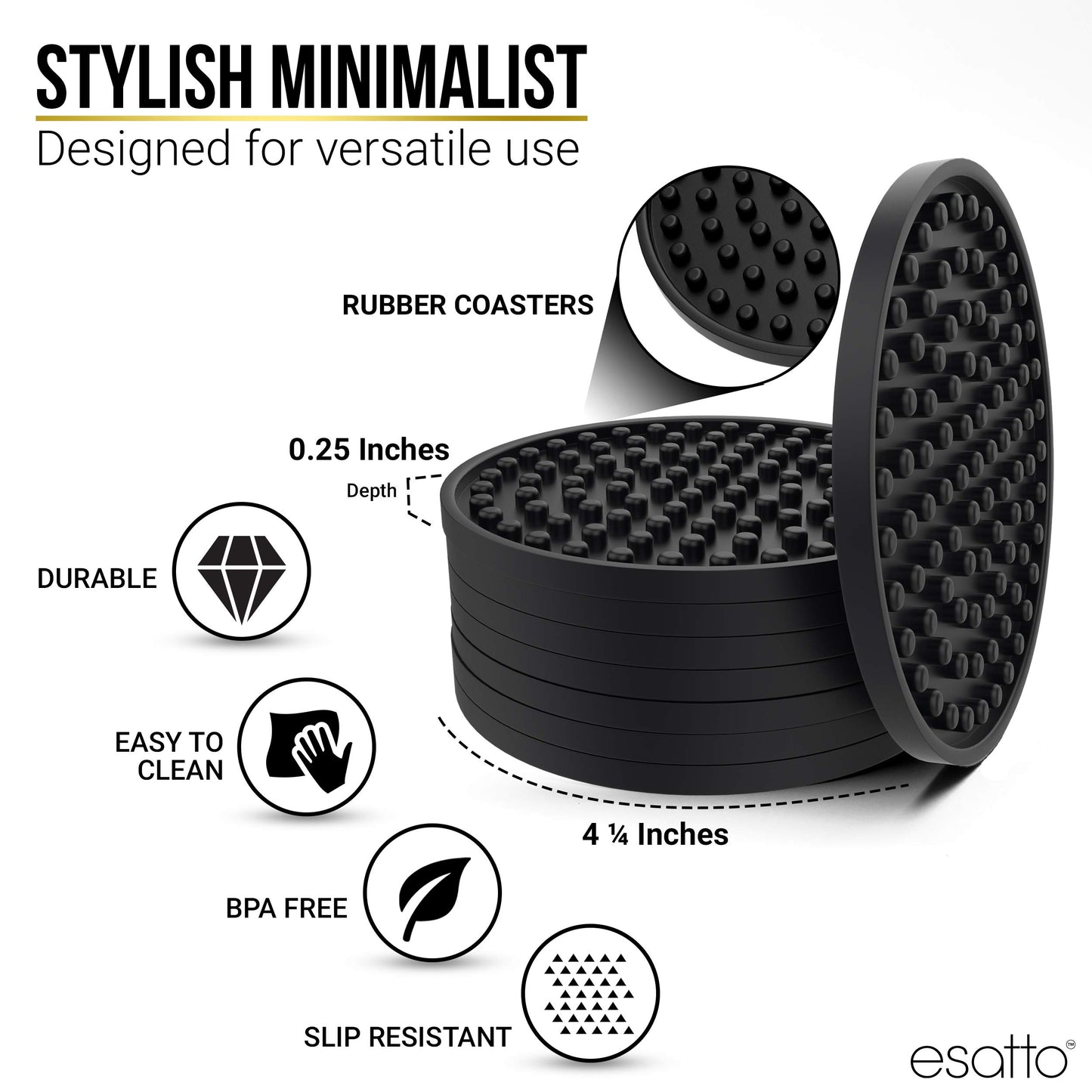 Esatto Round Wooden Rubber Coaster Set with Holder, 4.25 Inches Diameter, Includes 8 Coasters for Drinks