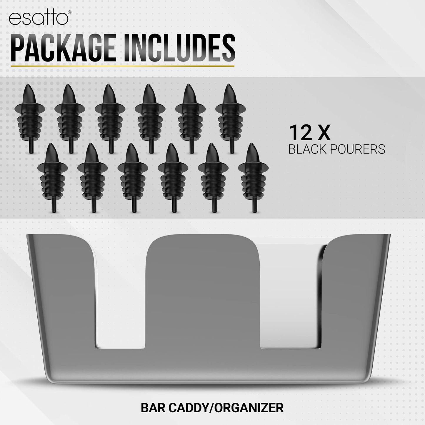 Esatto Bar Caddy, Organize Bar Items, with 12 Plastic Pourers Included