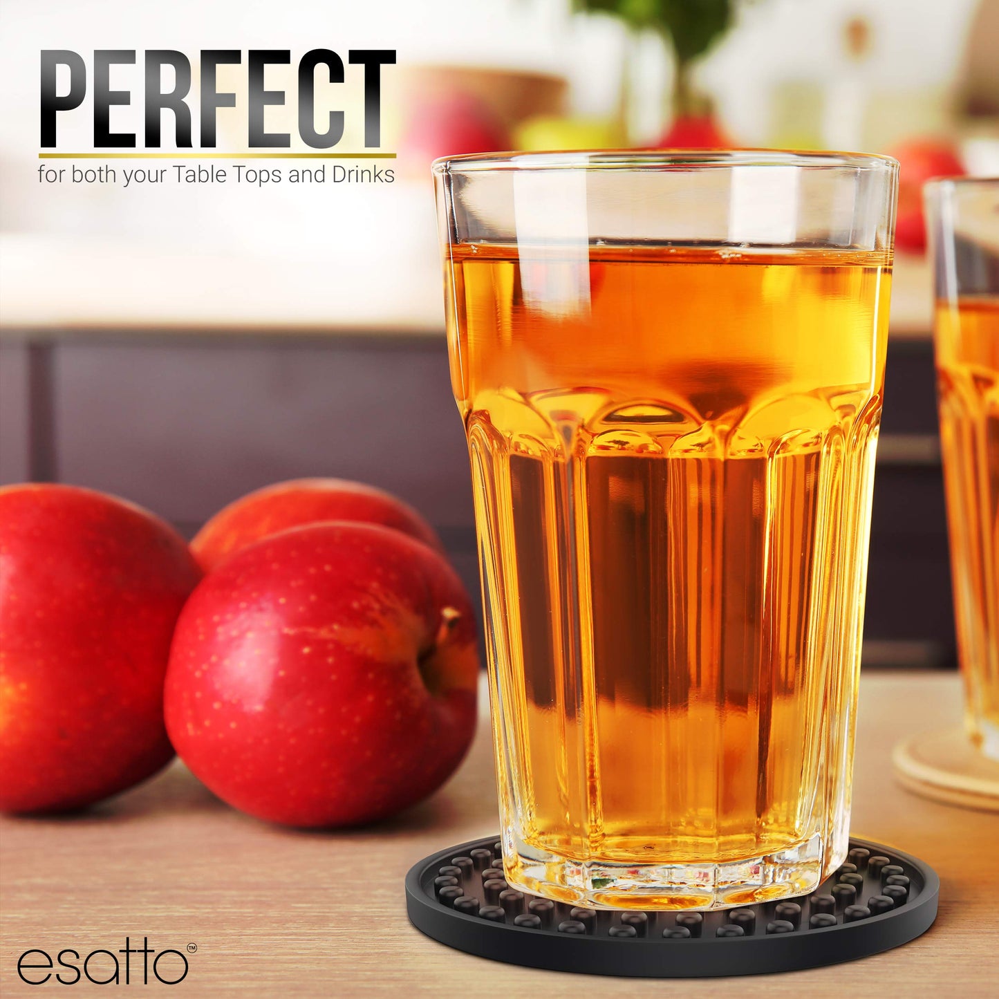 Esatto Round Wooden Rubber Coaster Set with Holder, 4.25 Inches Diameter, Includes 8 Coasters for Drinks