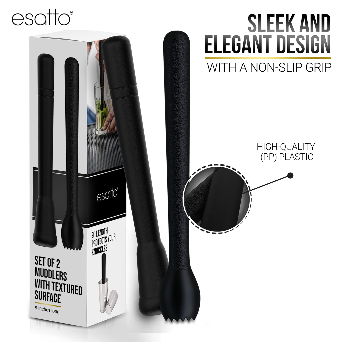 Esatto Muddler 25 CM (10”) Ribbed – ABS, – Durable and Ribbed for Mashing Fruits, Berries, Sugar, Spices, and Herbs (White)