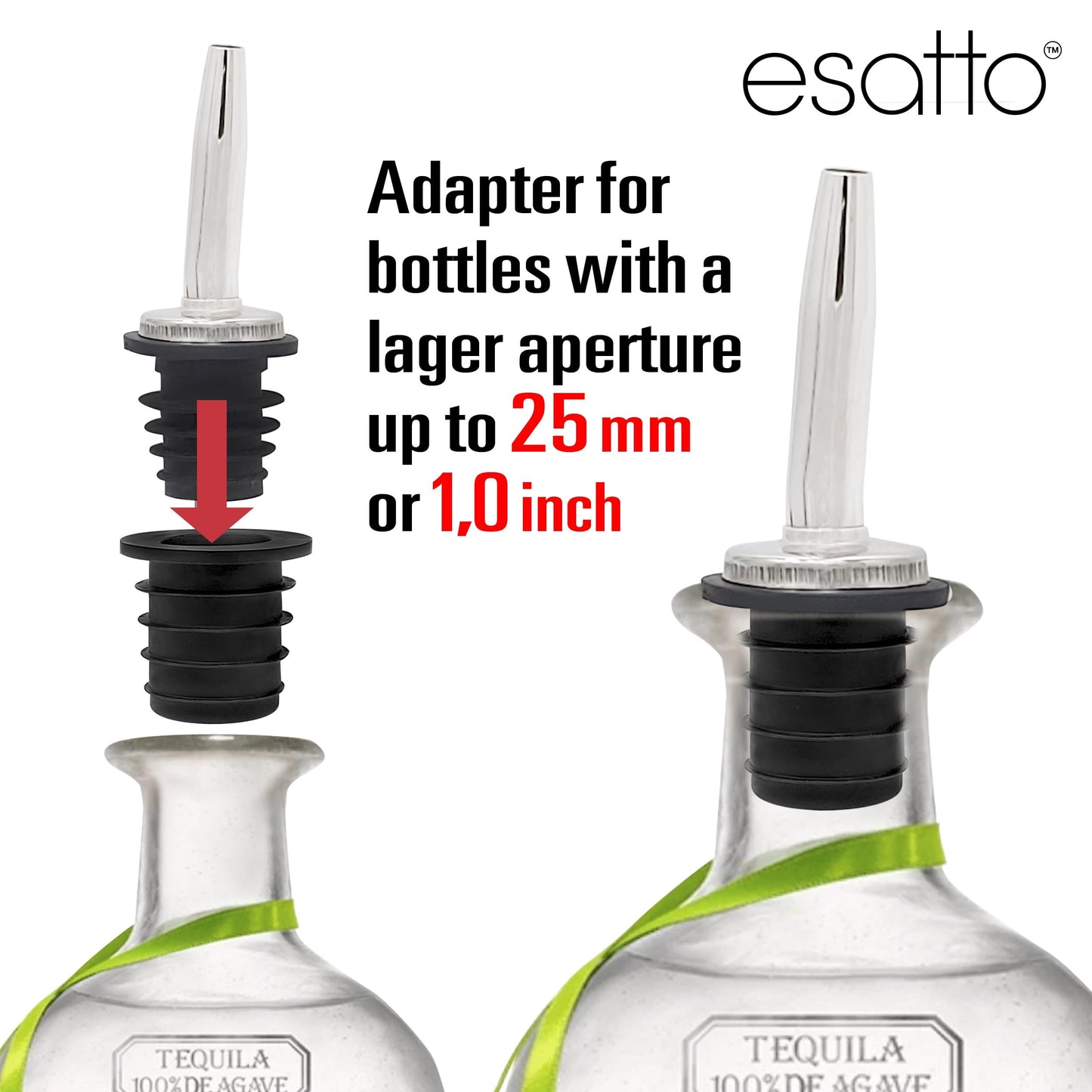 Esatto Liquor Pourer Adapters - 12 Pieces Set, Perfect for Large Olive Oil Bottles and Liquor Bottles - Up to 1 Inch/25mm Neck Converts Any Spout into a Large Pour Spout