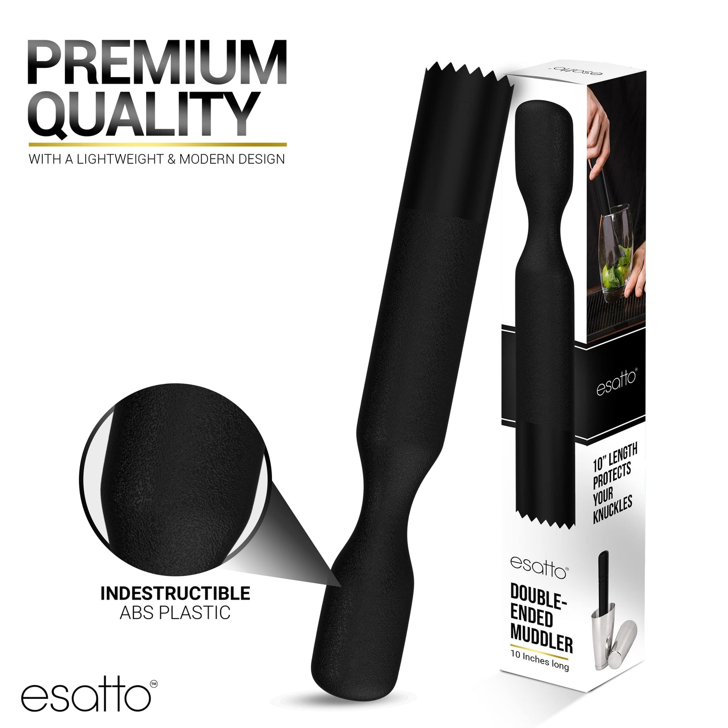 Esatto Muddler 25 CM (10”) Ribbed – ABS, – Durable and Ribbed for Mashing Fruits, Berries, Sugar, Spices, and Herbs (White)
