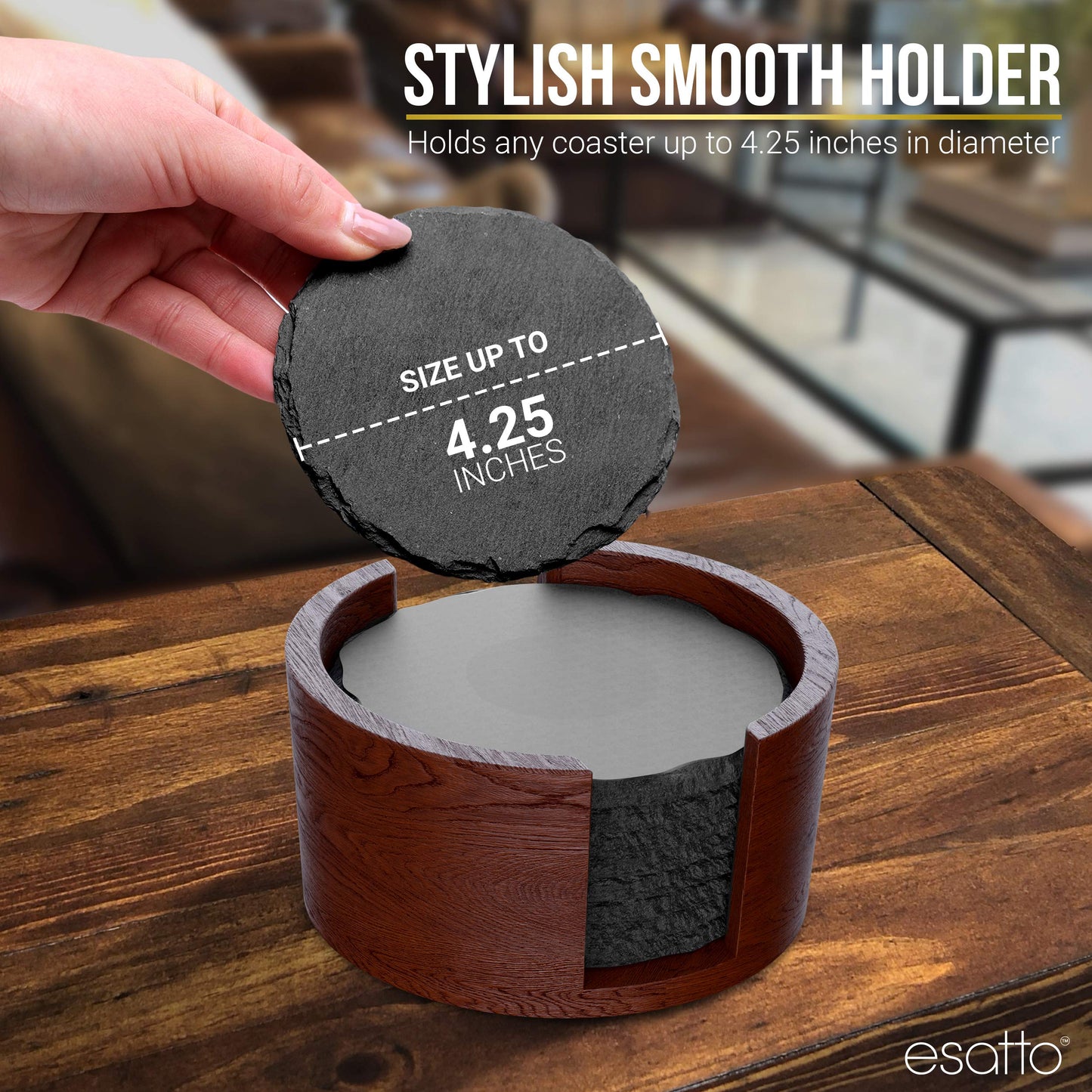 Esatto Round Wooden Rubber Coaster Set with Holder, 4.25 Inches Diameter, Includes 8 Coasters for Drinks