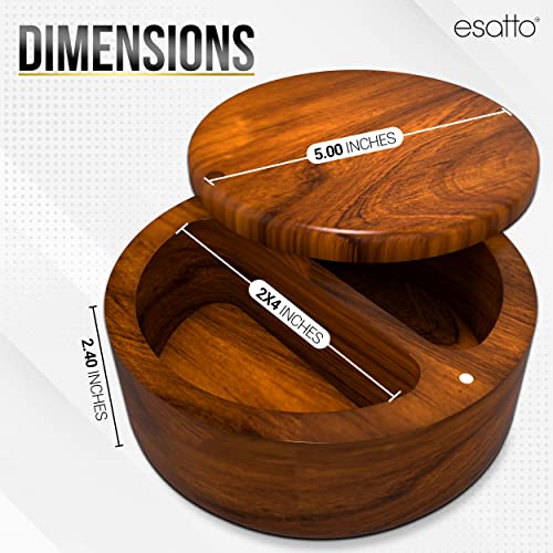 Essato Round Acacia Wooden Salt Box, Magnetic Swivel Lid, Salt pepper or Spice Storage Box, 2 Wine Pourers Included