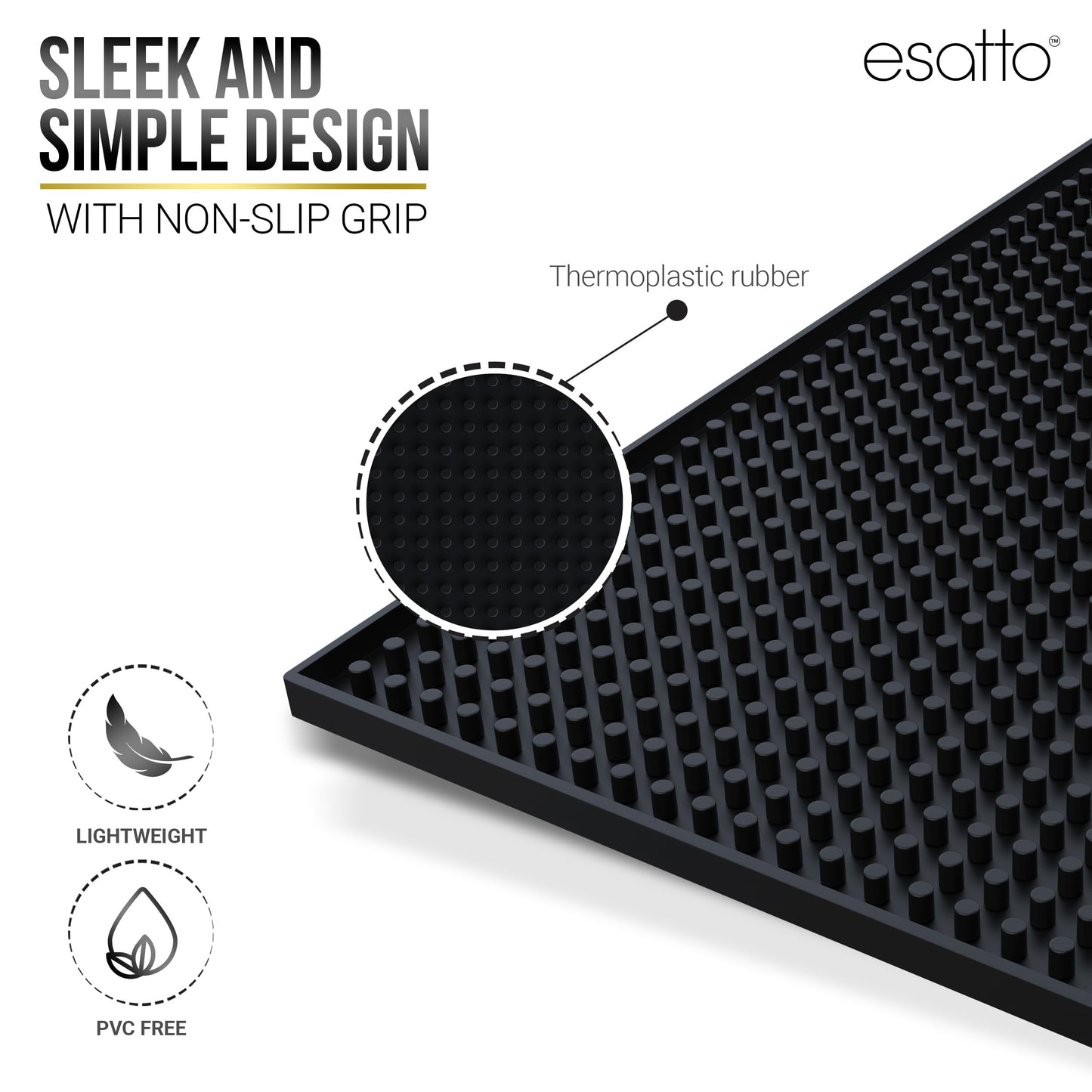 Esatto 12" x 6" Professional Service Mat, Black – Sturdy Thick Durable and Stylish Service Bar Mat for Spills, Coffee, Bars, Restaurants, Counter Top Dish Drying Mat Glass Drying Mat