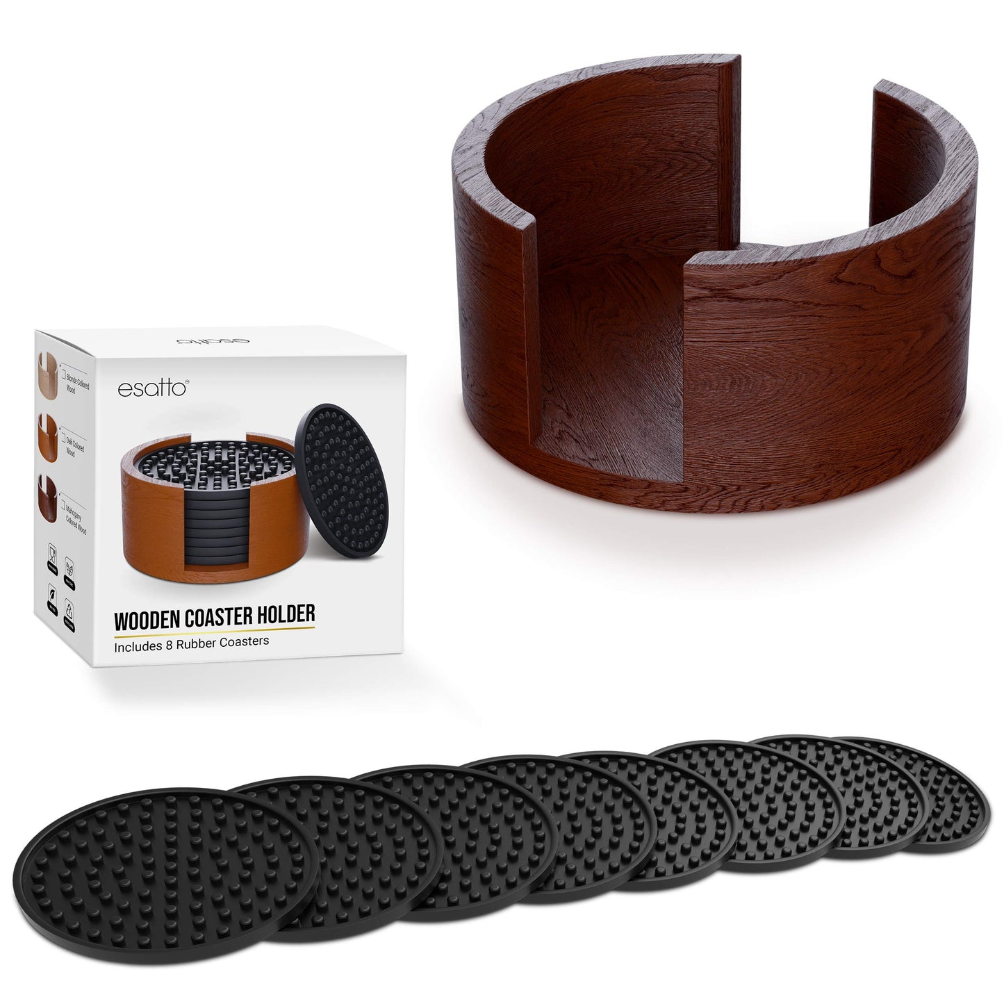 Esatto Round Wooden Rubber Coaster Set with Holder, 4.25 Inches Diameter, Includes 8 Coasters for Drinks