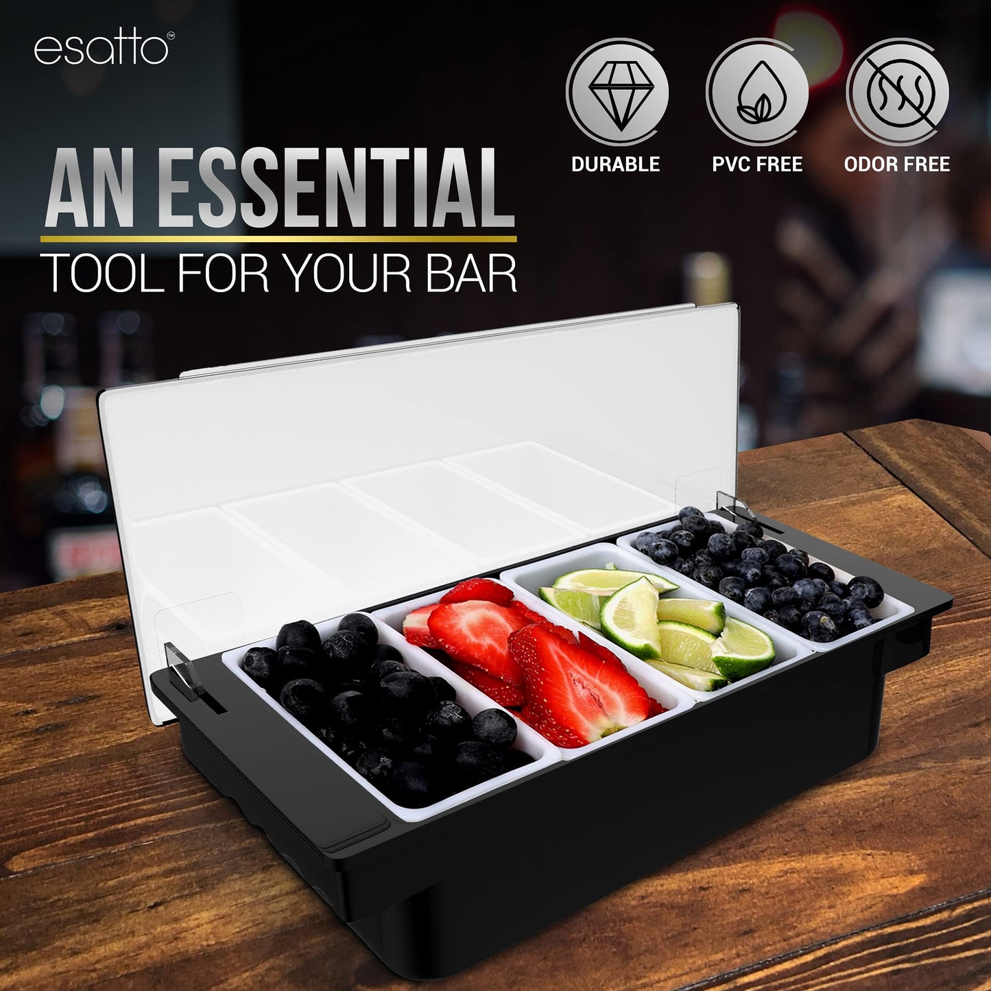 Esatto Bar Products Condiment Holder with Pint Inserts Black, Keeps Fruit and Berries Fresher Longer, Additional 12 Pourers, 12 Pourer Covers, 1 Muddler