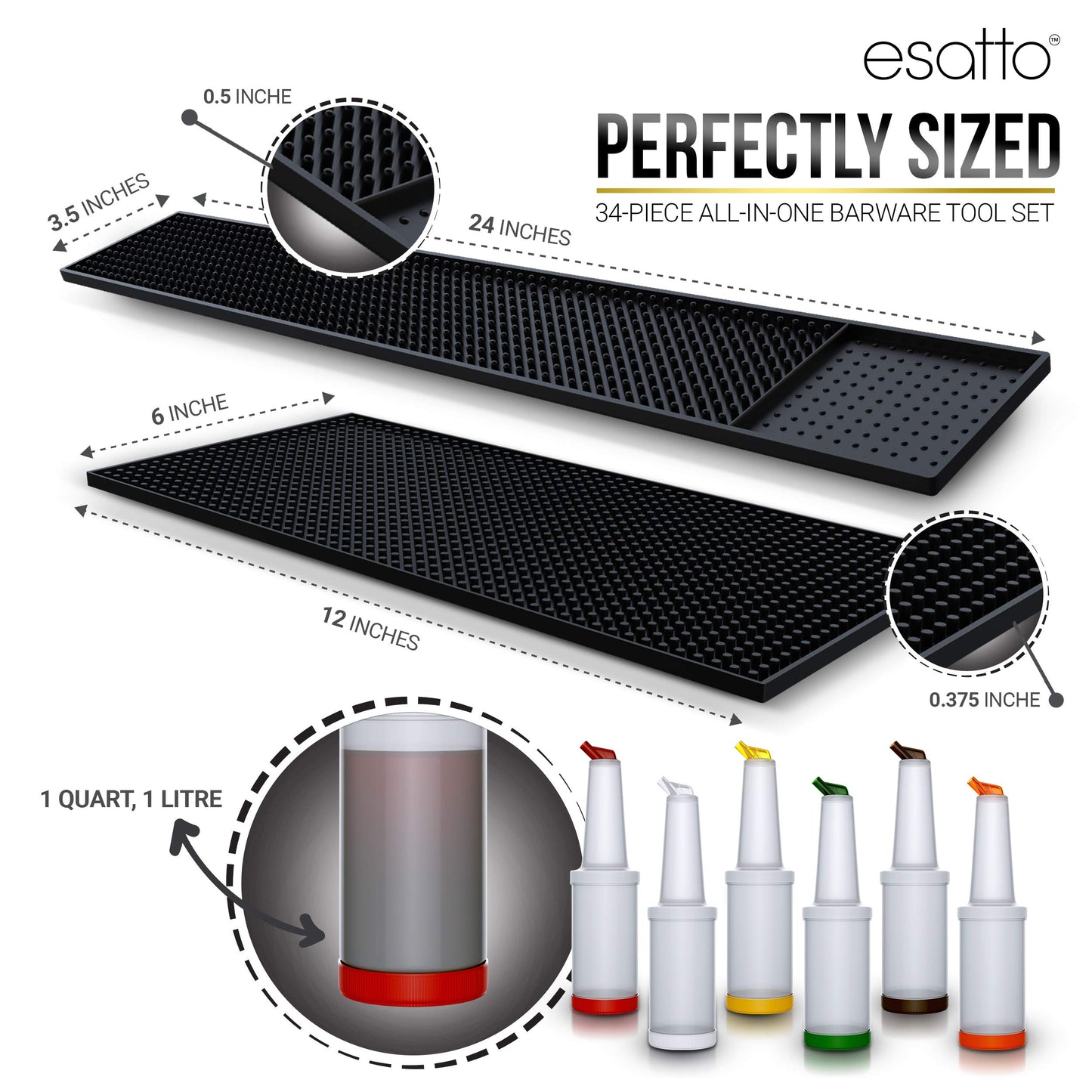 Esatto Bar Equipment Gift Set – 6 Store N Pour Bottles for Storing and Mixing Ingredients, 2 Bar Mats and 2 Shaker Mats for Spill Protection, and 24 Pourers for Precision Pouring with Dust Caps
