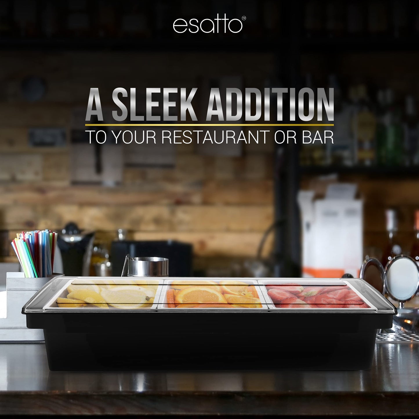 Esatto Bar Products Condiment Holder with Pint Inserts Black, Keeps Fruit and Berries Fresher Longer, Additional 12 Pourers, 12 Pourer Covers, 1 Muddler