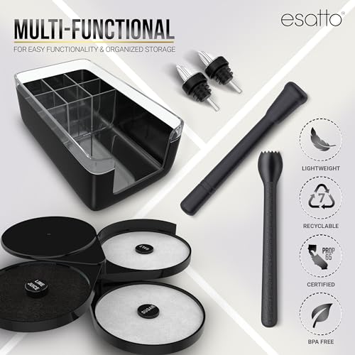 Esatto Home Bar Supply Bar Equipment and Supplies 1 Black Bar Caddy Organizer 1 Glass Salt Margarita Rimmer 2 Muddler for Cocktails Drink Preparation 24 Bottle Pourers Liquor Pourer 24 Pourer Cover