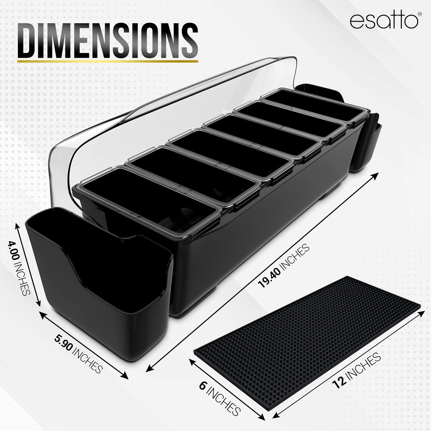 Esatto Bar Products Bar Set with Condiment Holder with 6 Internal Compartments and 2 Detachable External Compartments, 2 Shaker Mats, 1 Muddler, 1 Glass Rimmer and 24 Black Pourers with Covers