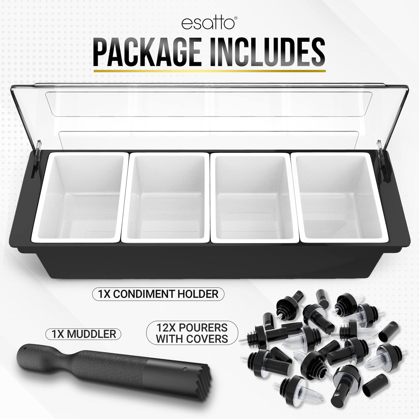 Esatto Bar Products Condiment Holder with Pint Inserts Black, Keeps Fruit and Berries Fresher Longer, Additional 12 Pourers, 12 Pourer Covers, 1 Muddler