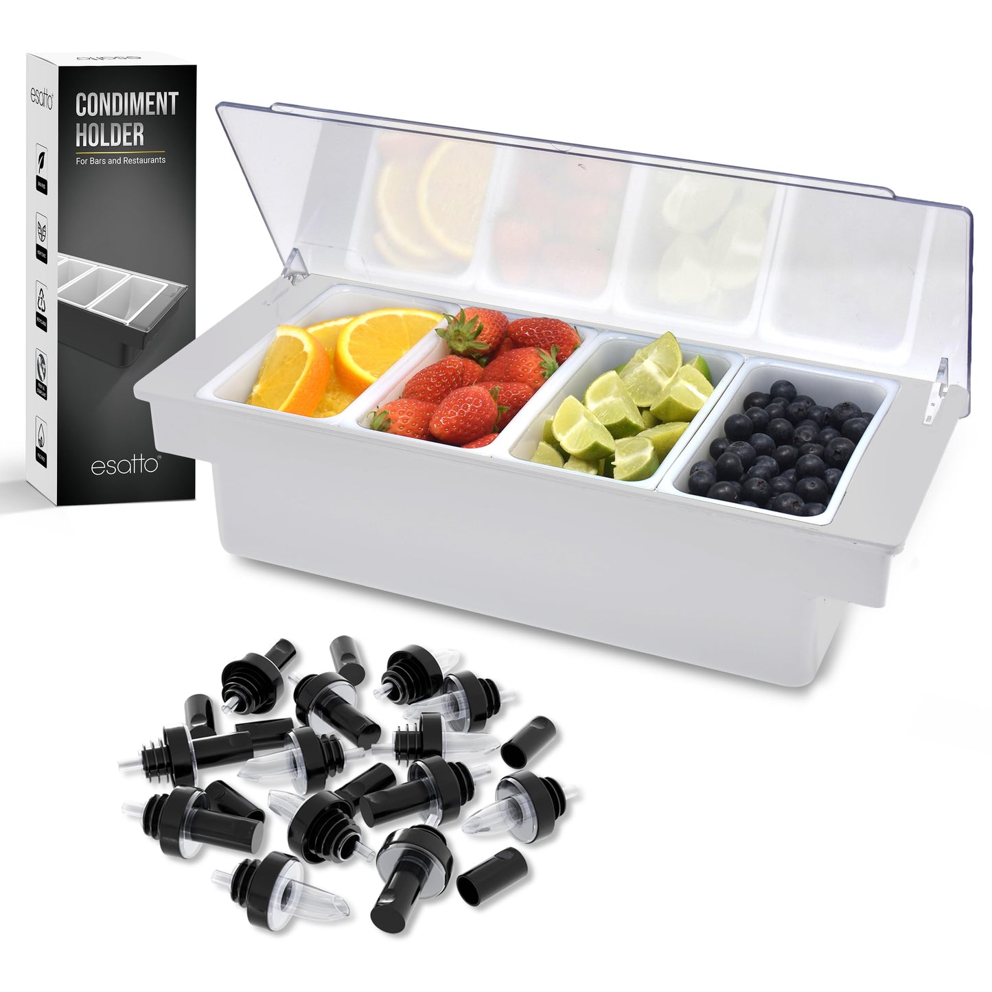 Esatto Bar Products Condiment Holder with Pint Inserts Black, Keeps Fruit and Berries Fresher Longer, Additional 12 Pourers, 12 Pourer Covers, 1 Muddler
