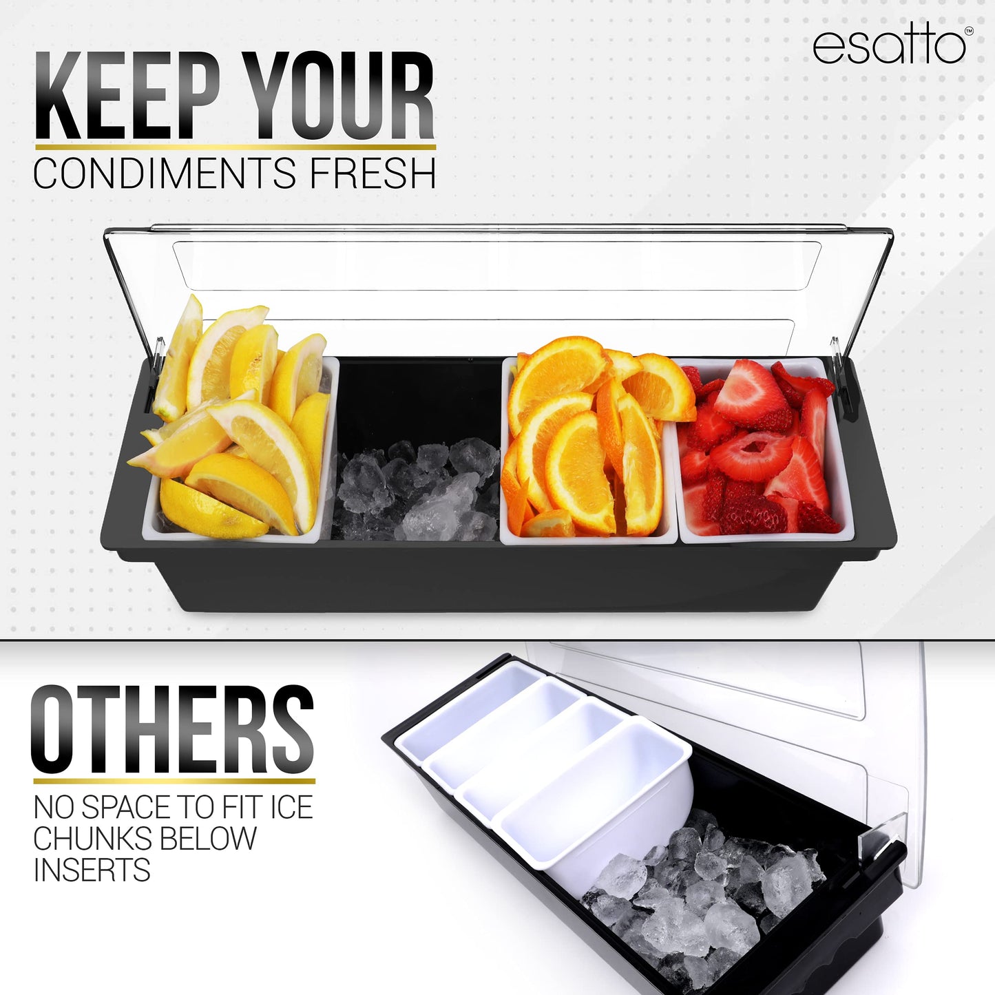 Esatto Bar Products Condiment Holder with Pint Inserts Black, Keeps Fruit and Berries Fresher Longer, Additional 12 Pourers, 12 Pourer Covers, 1 Muddler