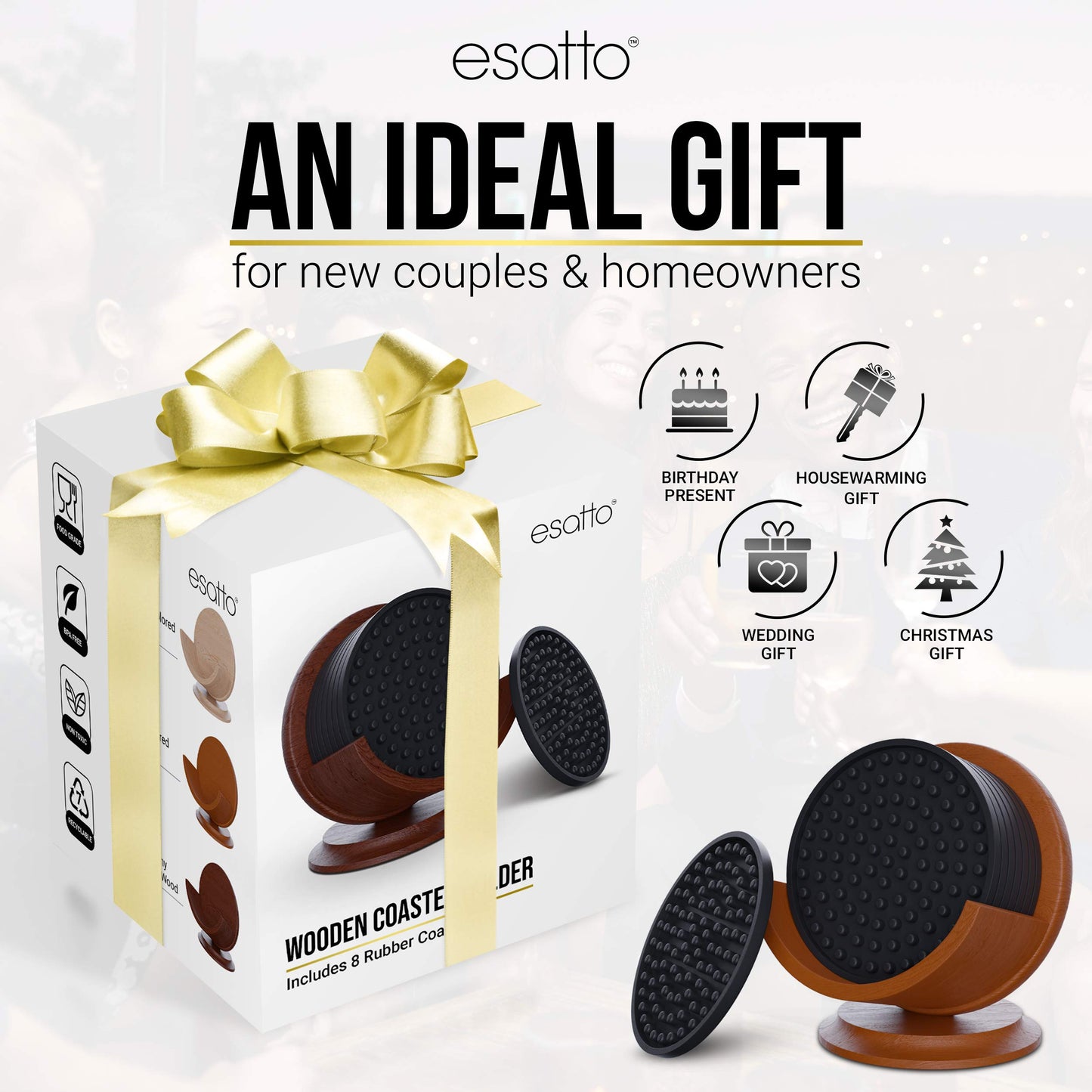 Esatto Round Wooden Rubber Coaster Set with Holder, 4.25 Inches Diameter, Includes 8 Coasters for Drinks