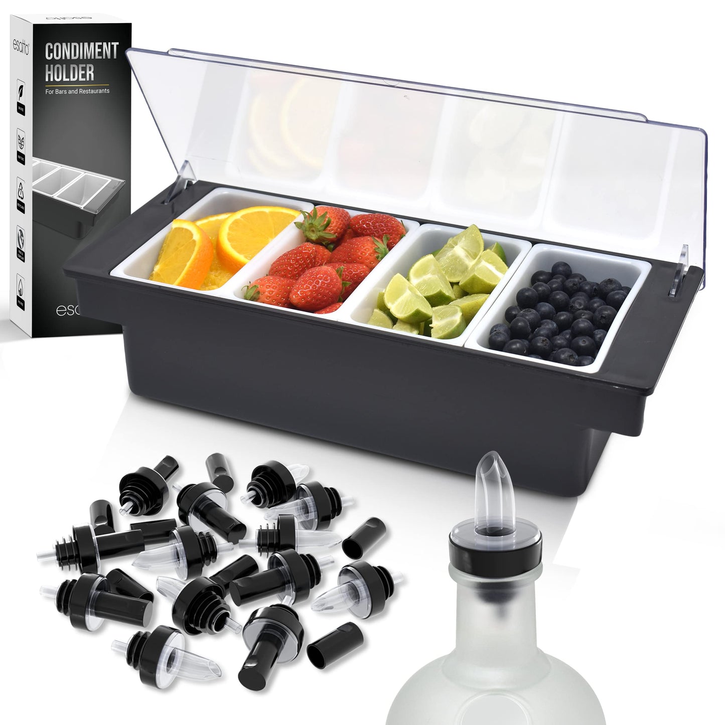 Esatto Bar Products Condiment Holder with Pint Inserts Black, Keeps Fruit and Berries Fresher Longer, Additional 12 Pourers, 12 Pourer Covers, 1 Muddler