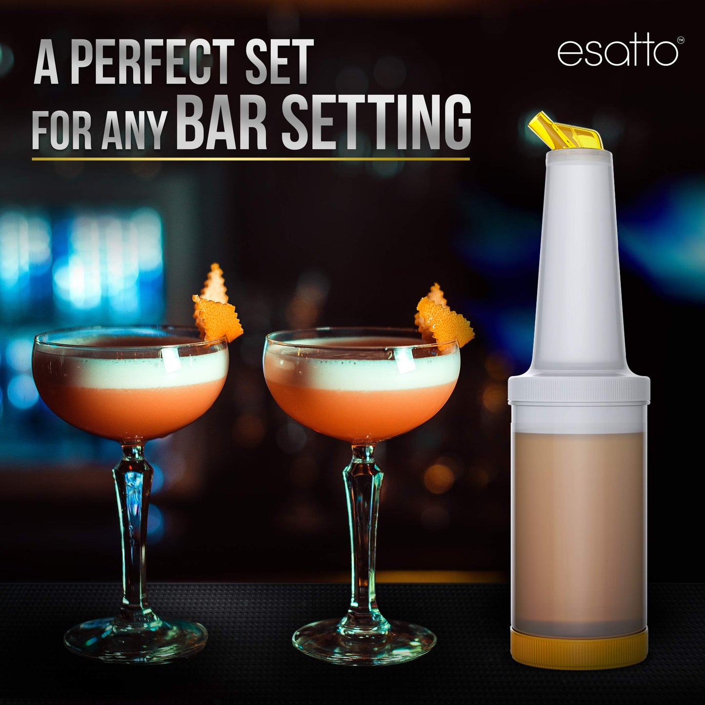 Esatto Bar Equipment Gift Set – 6 Store N Pour Bottles for Storing and Mixing Ingredients, 2 Bar Mats and 2 Shaker Mats for Spill Protection, and 24 Pourers for Precision Pouring with Dust Caps