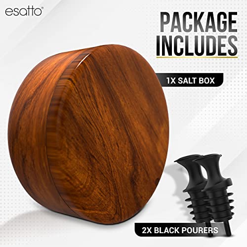 Essato Round Acacia Wooden Salt Box, Magnetic Swivel Lid, Salt pepper or Spice Storage Box, 2 Wine Pourers Included