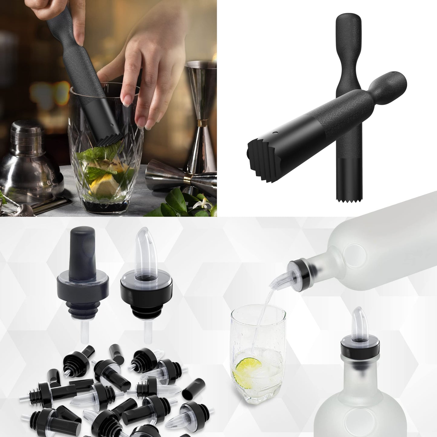 Esatto Bar Products Condiment Holder with Pint Inserts Black, Keeps Fruit and Berries Fresher Longer, Additional 12 Pourers, 12 Pourer Covers, 1 Muddler