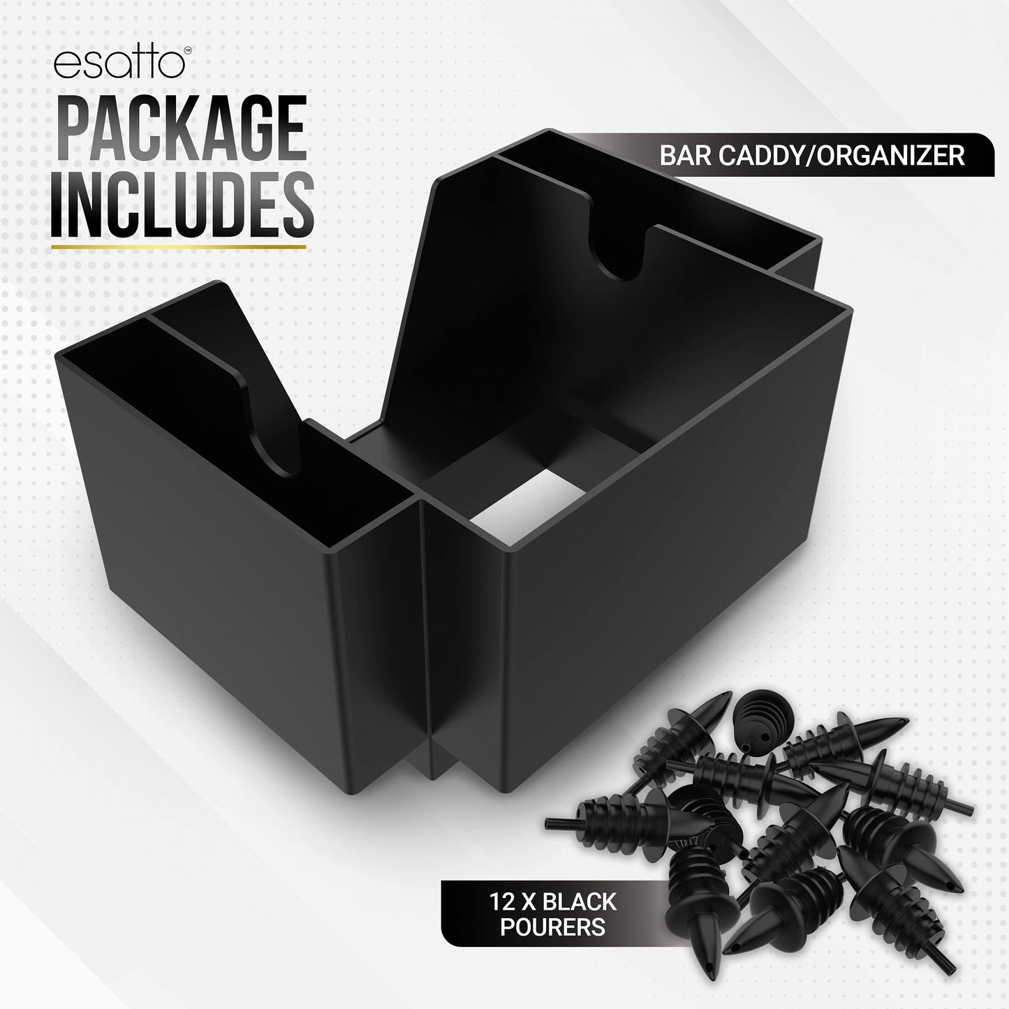 Esatto Bar Caddy, Organize Bar Items, with 12 Plastic Pourers Included