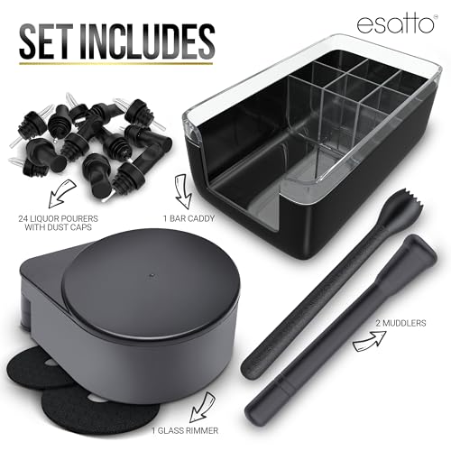 Esatto Home Bar Supply Bar Equipment and Supplies 1 Black Bar Caddy Organizer 1 Glass Salt Margarita Rimmer 2 Muddler for Cocktails Drink Preparation 24 Bottle Pourers Liquor Pourer 24 Pourer Cover