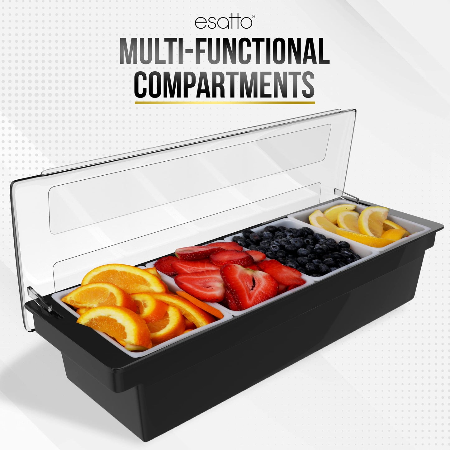 Esatto Bar Products Condiment Holder with Pint Inserts Black, Keeps Fruit and Berries Fresher Longer, Additional 12 Pourers, 12 Pourer Covers, 1 Muddler