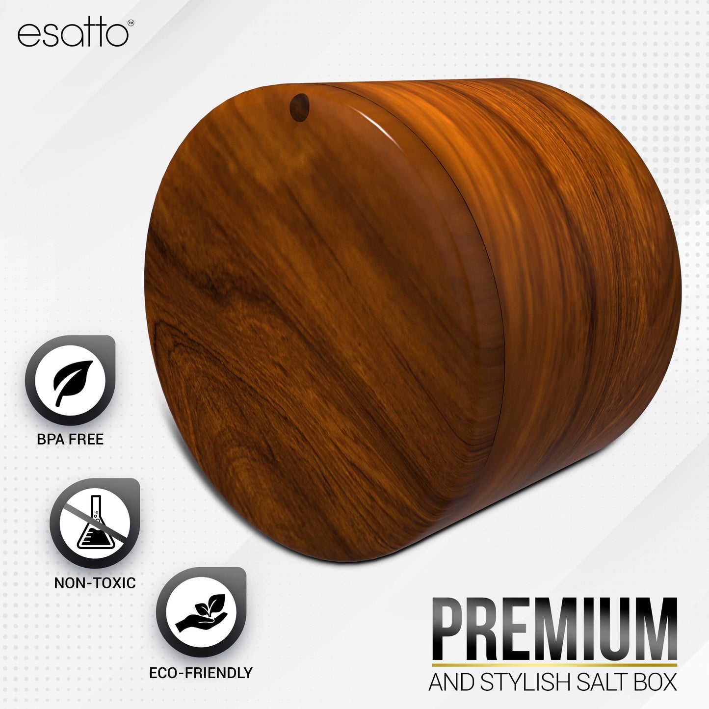 Essato Round Acacia Wooden Salt Box, Magnetic Swivel Lid, Salt pepper or Spice Storage Box, 2 Wine Pourers Included