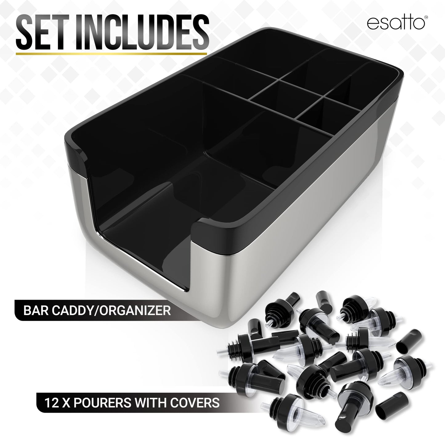 Esatto Bar Products Premium Bar Caddy, with Additional 12 Pourers and 12 Pourer Covers
