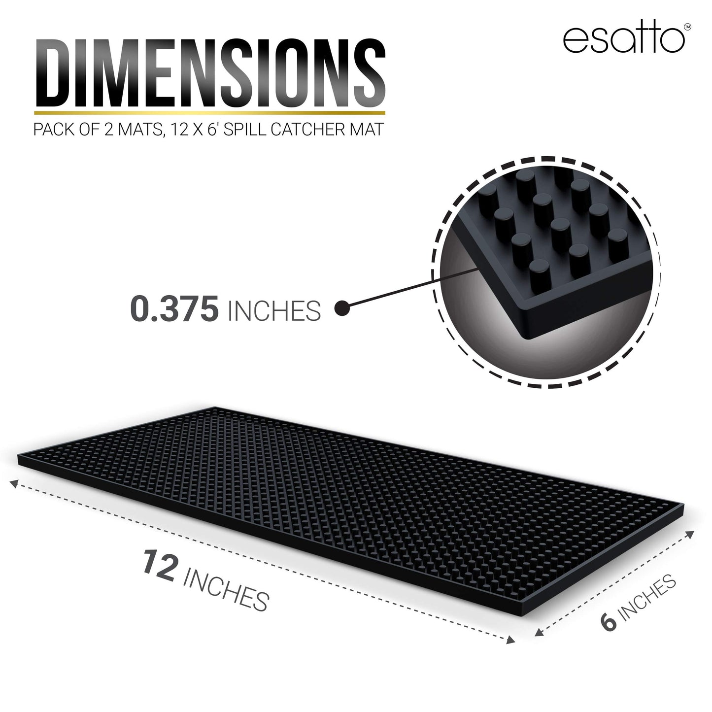 Esatto 12" x 6" Professional Service Mat, Black – Sturdy Thick Durable and Stylish Service Bar Mat for Spills, Coffee, Bars, Restaurants, Counter Top Dish Drying Mat Glass Drying Mat