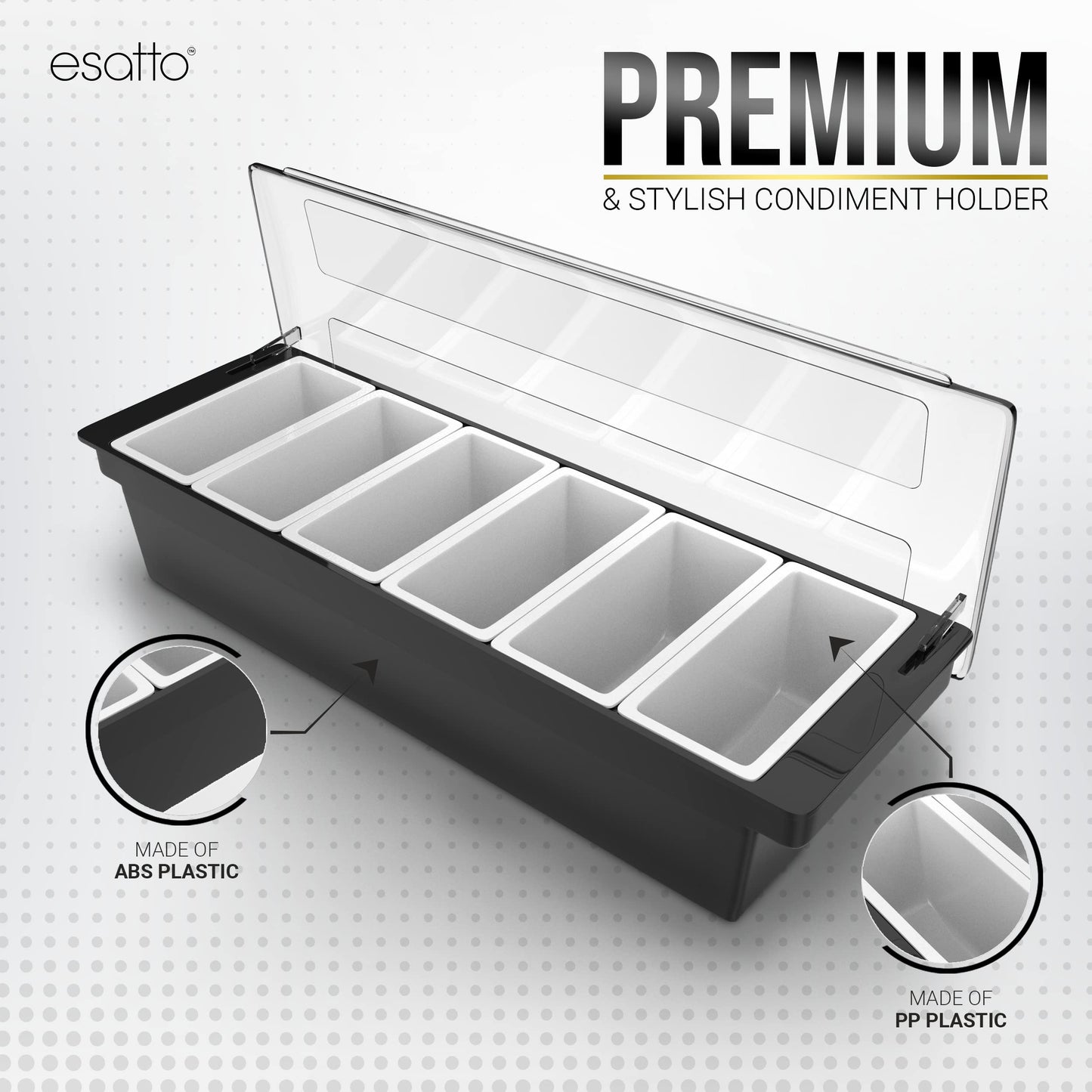 Esatto Bar Products Condiment Holder with Pint Inserts Black, Keeps Fruit and Berries Fresher Longer, Additional 12 Pourers, 12 Pourer Covers, 1 Muddler
