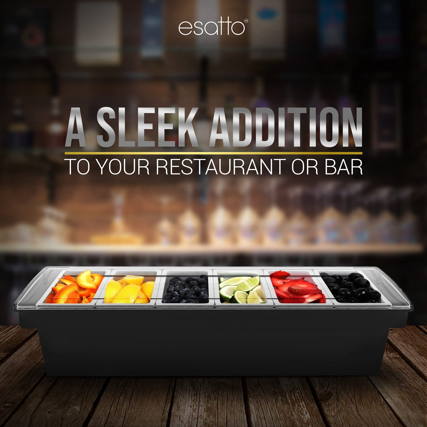 Esatto Bar Products Condiment Holder with Pint Inserts Black, Keeps Fruit and Berries Fresher Longer, Additional 12 Pourers, 12 Pourer Covers, 1 Muddler