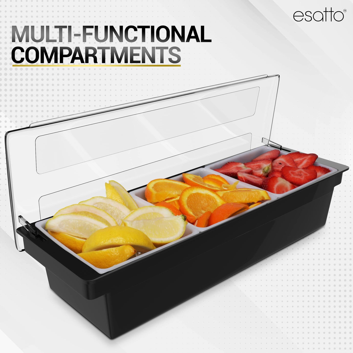 Esatto Bar Products Condiment Holder with Pint Inserts Black, Keeps Fruit and Berries Fresher Longer, Additional 12 Pourers, 12 Pourer Covers, 1 Muddler