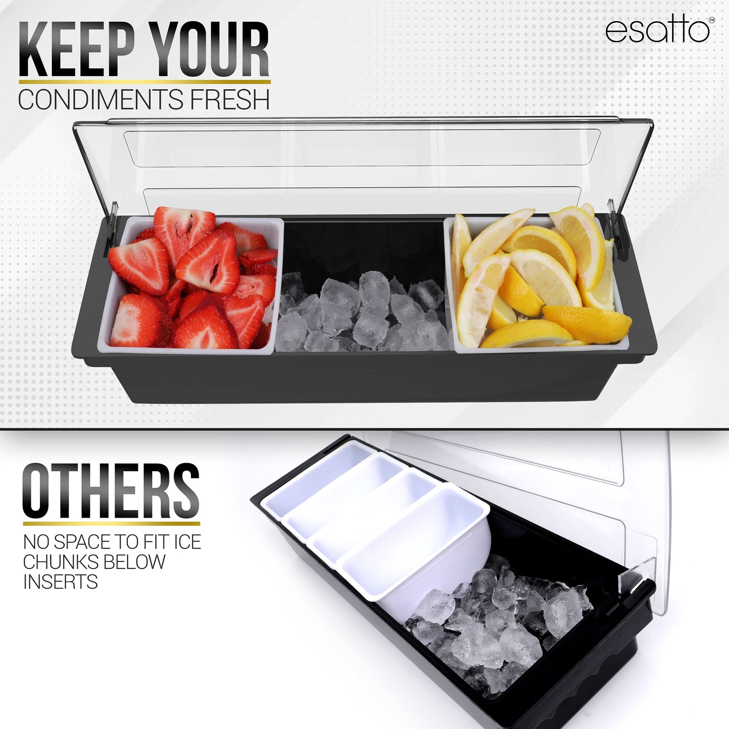 Esatto Bar Products Condiment Holder with Pint Inserts Black, Keeps Fruit and Berries Fresher Longer, Additional 12 Pourers, 12 Pourer Covers, 1 Muddler
