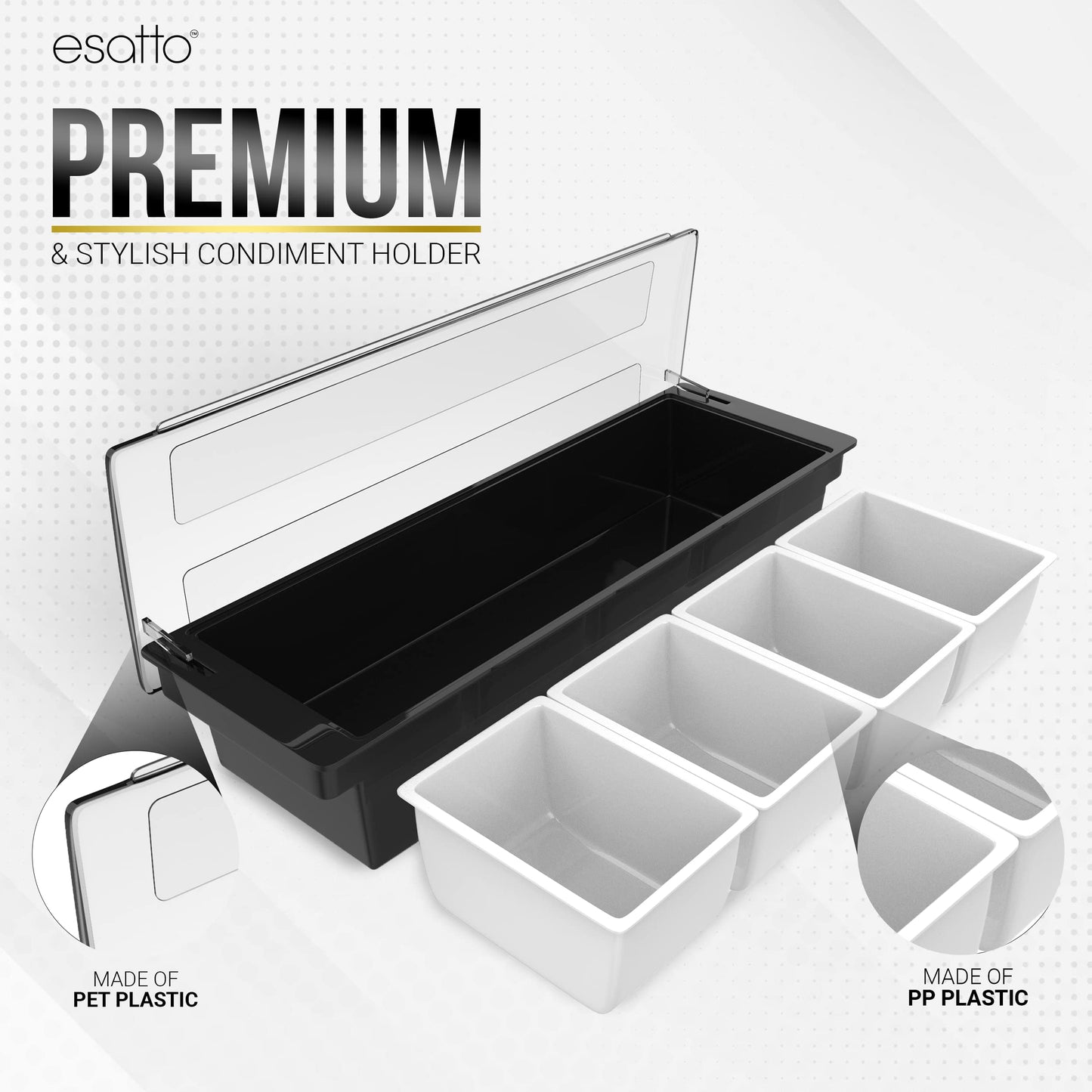 Esatto Bar Products Condiment Holder with Pint Inserts Black, Keeps Fruit and Berries Fresher Longer, Additional 12 Pourers, 12 Pourer Covers, 1 Muddler