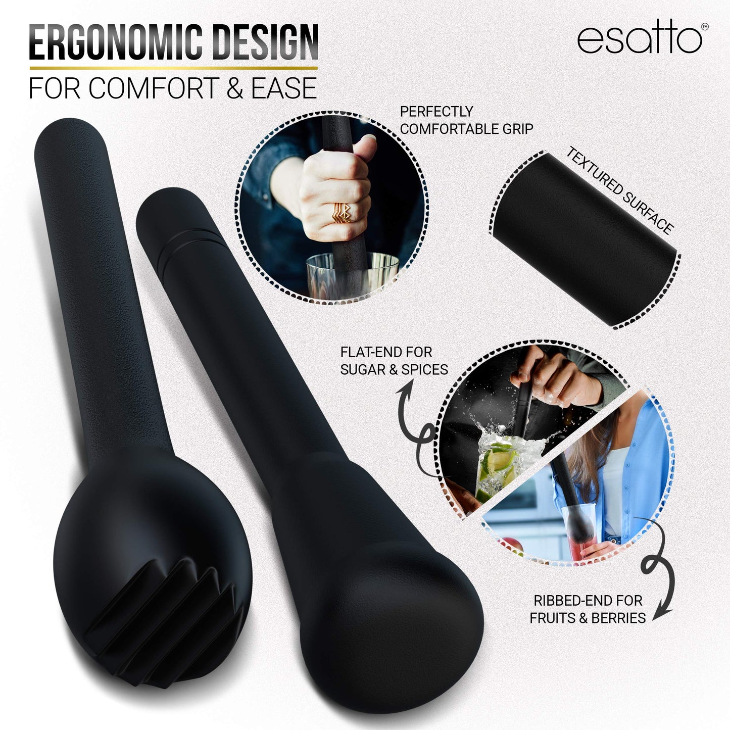 Esatto Muddler 25 CM (10”) Ribbed – ABS, – Durable and Ribbed for Mashing Fruits, Berries, Sugar, Spices, and Herbs (White)