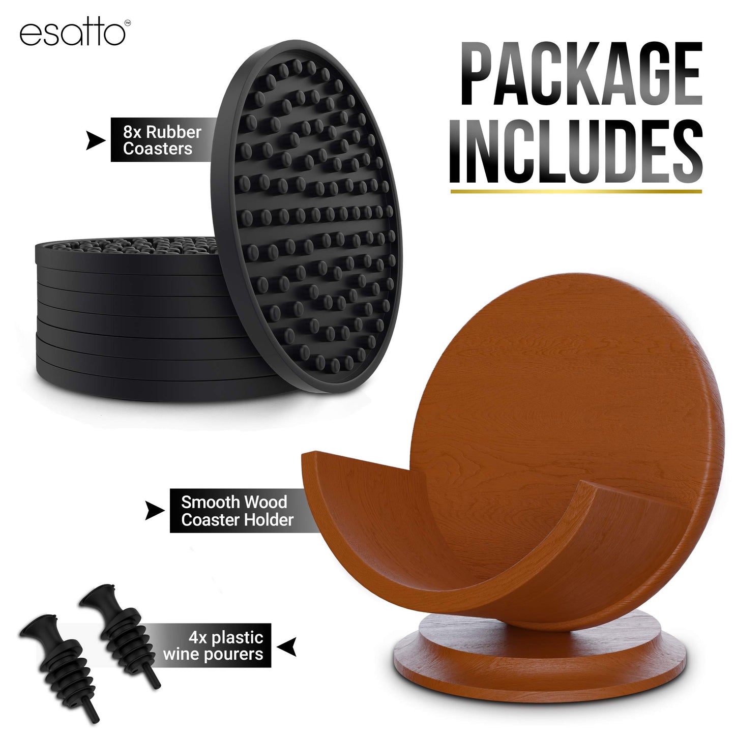 Esatto Round Wooden Rubber Coaster Set with Holder, 4.25 Inches Diameter, Includes 8 Coasters for Drinks