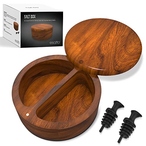 Essato Round Acacia Wooden Salt Box, Magnetic Swivel Lid, Salt pepper or Spice Storage Box, 2 Wine Pourers Included