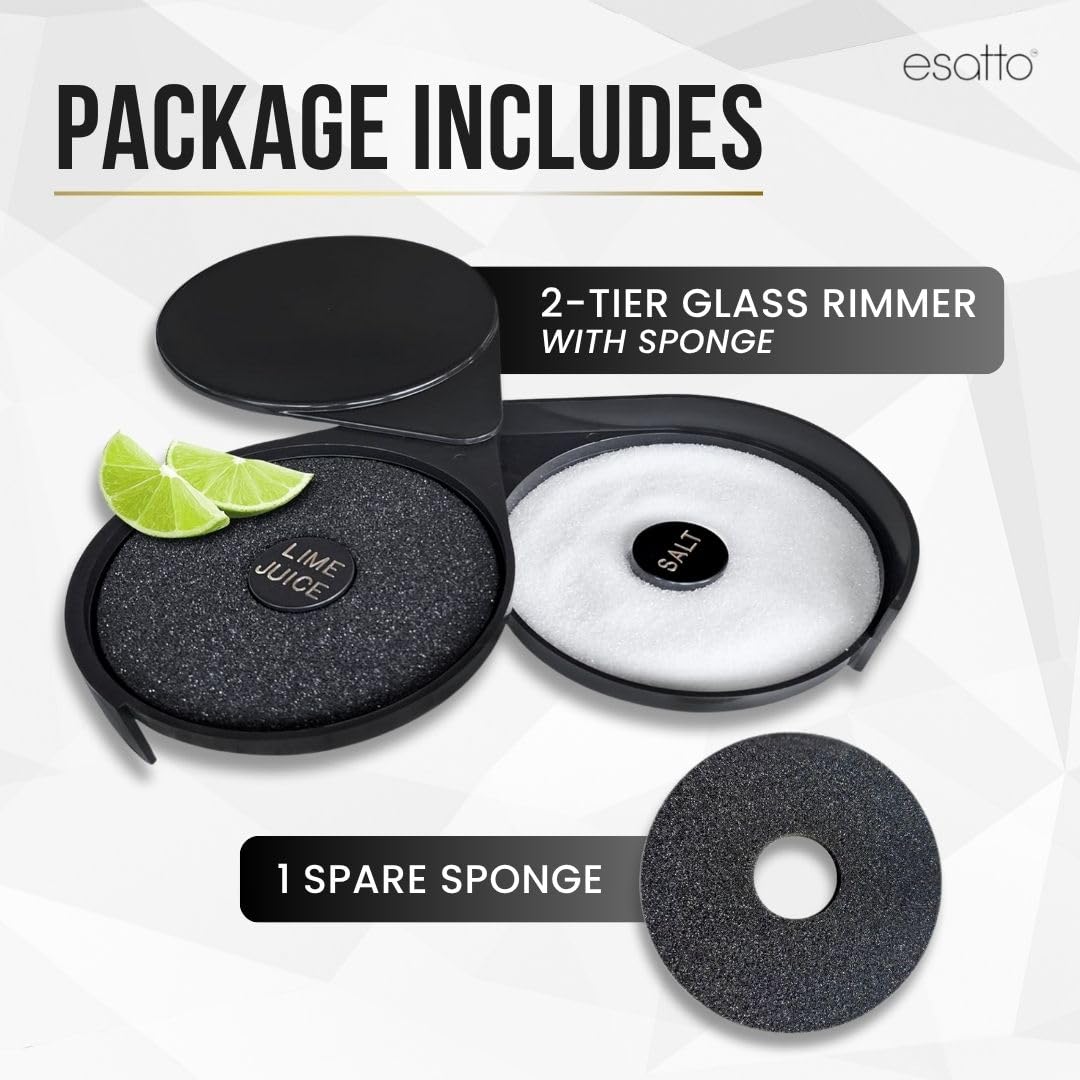 Esatto Glass Salt Rimmer 3 Tier for Margarita Tray and Cocktail, 2 Extra Spongeβs + 3 Pourers β Apply Salt, Sugar, and Lime Juice for Better Drinks and Efficient Drink Preparation