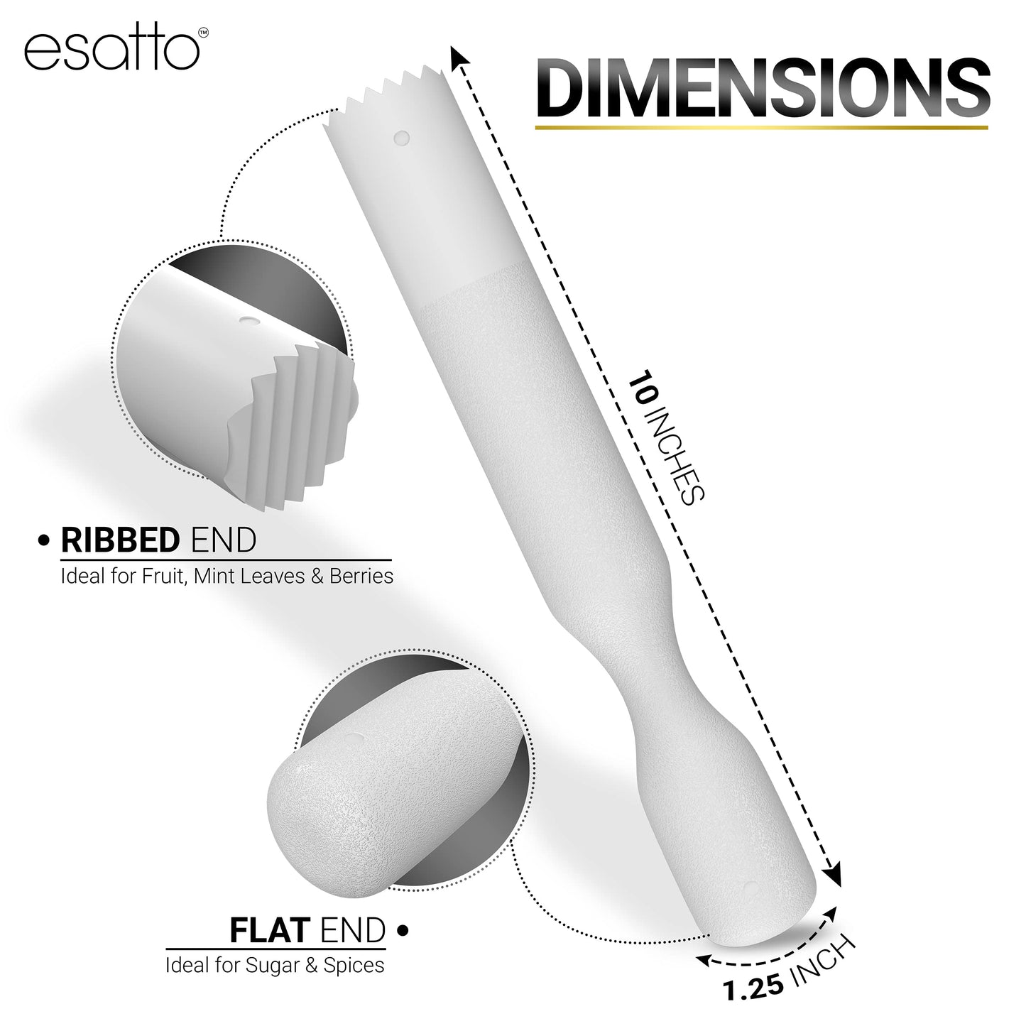 Esatto Muddler 25 CM (10”) Ribbed – ABS, – Durable and Ribbed for Mashing Fruits, Berries, Sugar, Spices, and Herbs (White)