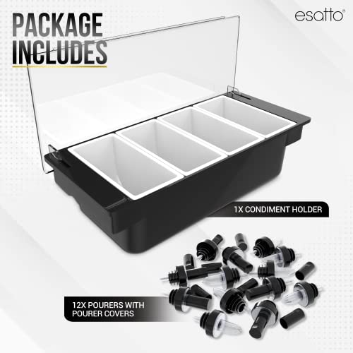 Esatto Bar Products Condiment Holder with Pint Inserts Black, Keeps Fruit and Berries Fresher Longer, Additional 12 Pourers, 12 Pourer Covers, 1 Muddler