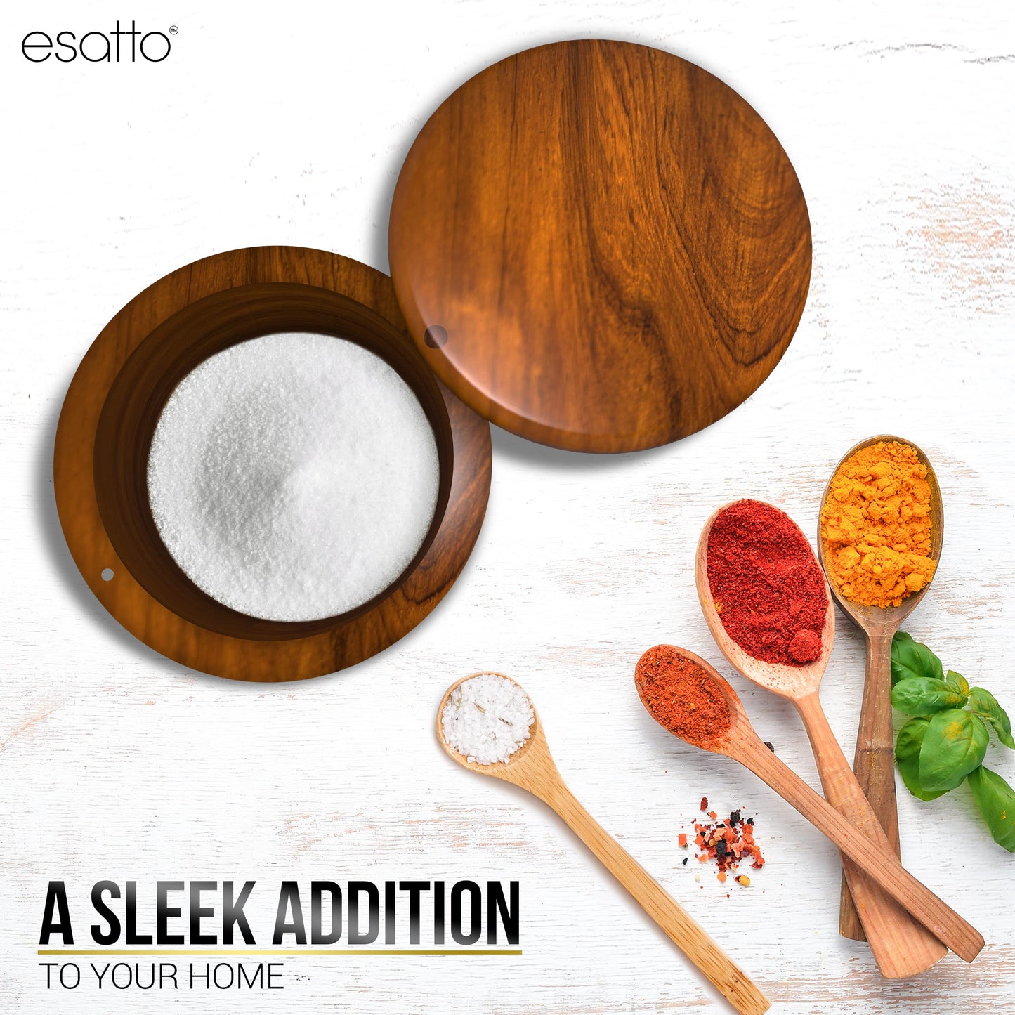 Essato Round Acacia Wooden Salt Box, Magnetic Swivel Lid, Salt pepper or Spice Storage Box, 2 Wine Pourers Included