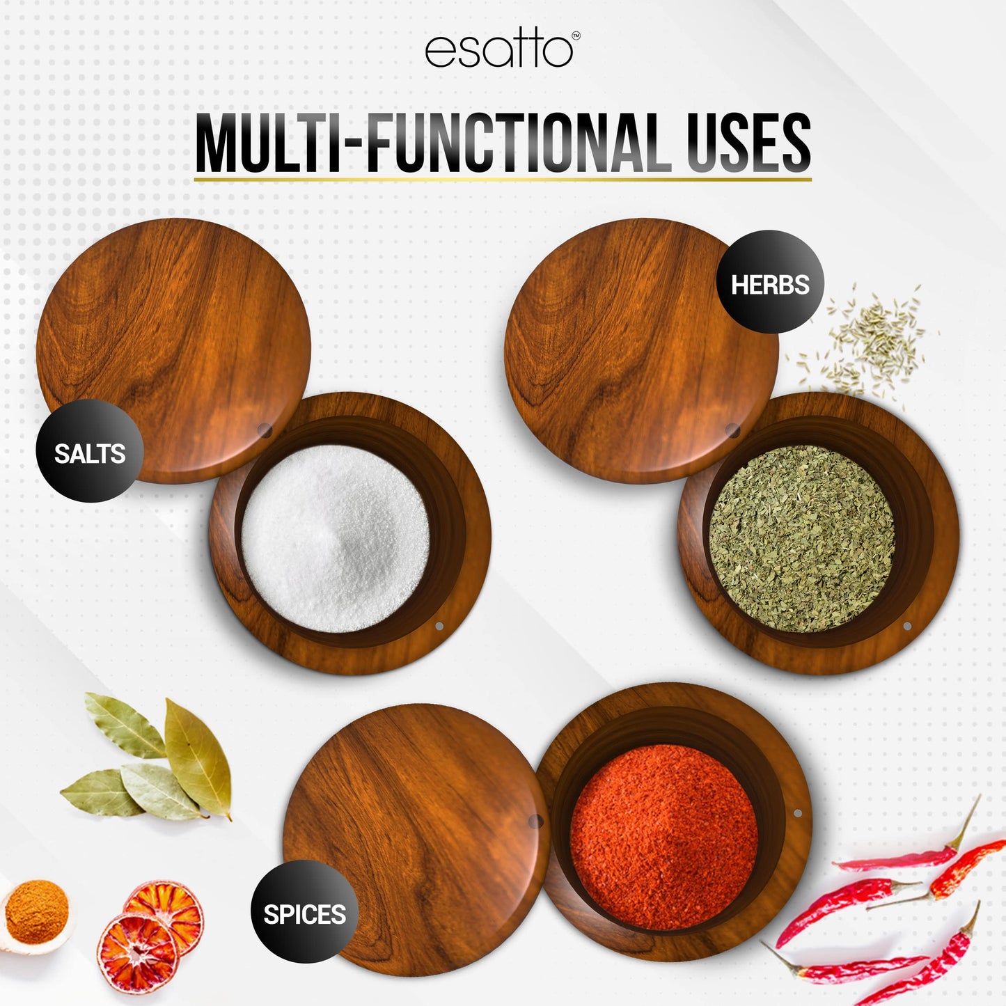 Essato Round Acacia Wooden Salt Box, Magnetic Swivel Lid, Salt pepper or Spice Storage Box, 2 Wine Pourers Included