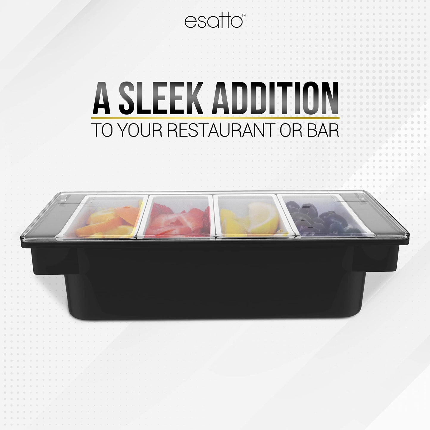 Esatto Bar Products Condiment Holder with Pint Inserts Black, Keeps Fruit and Berries Fresher Longer, Additional 12 Pourers, 12 Pourer Covers, 1 Muddler