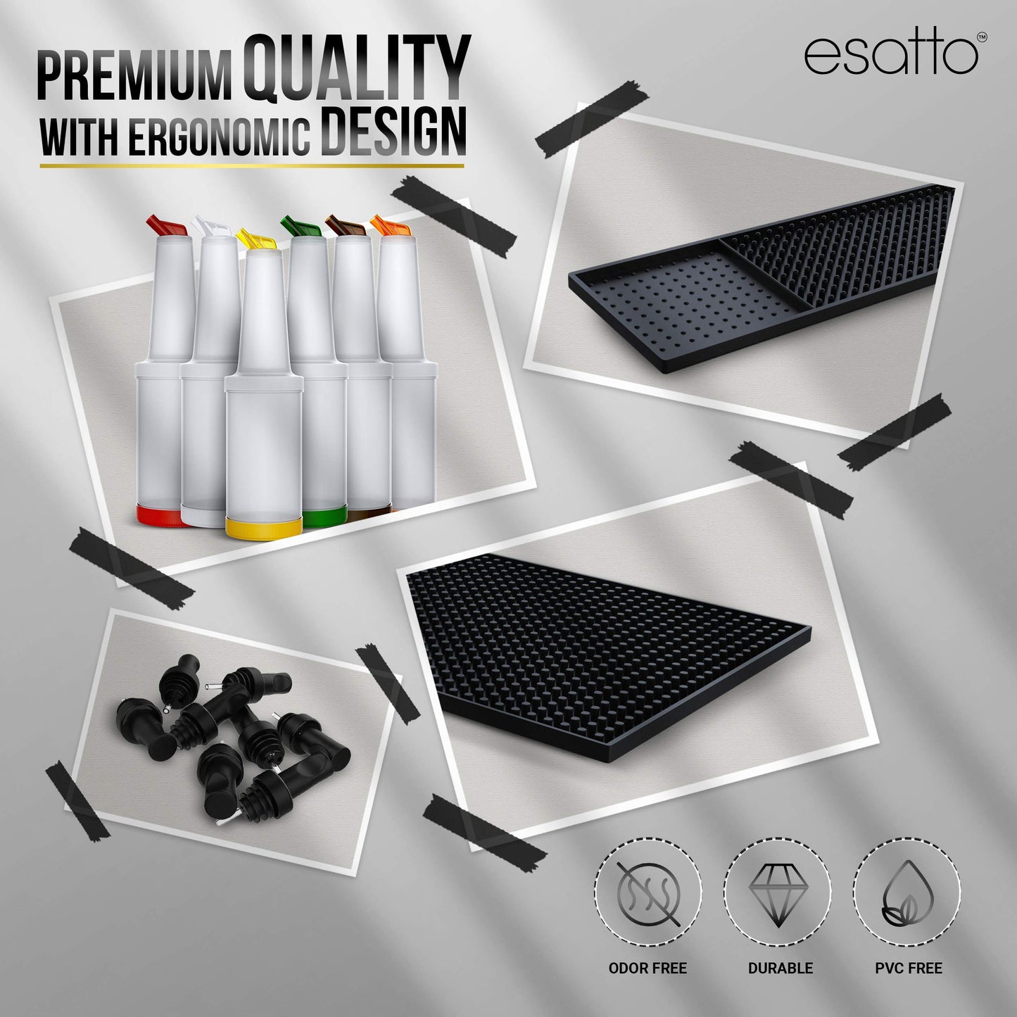 Esatto Bar Equipment Gift Set – 6 Store N Pour Bottles for Storing and Mixing Ingredients, 2 Bar Mats and 2 Shaker Mats for Spill Protection, and 24 Pourers for Precision Pouring with Dust Caps