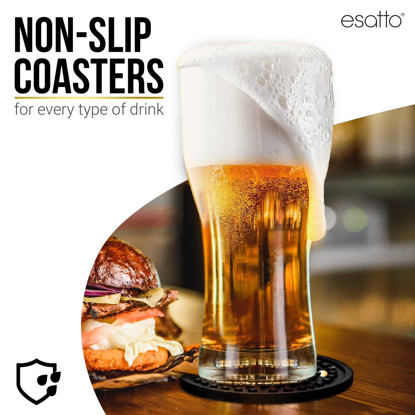 Esatto Round Wooden Rubber Coaster Set with Holder, 4.25 Inches Diameter, Includes 8 Coasters for Drinks