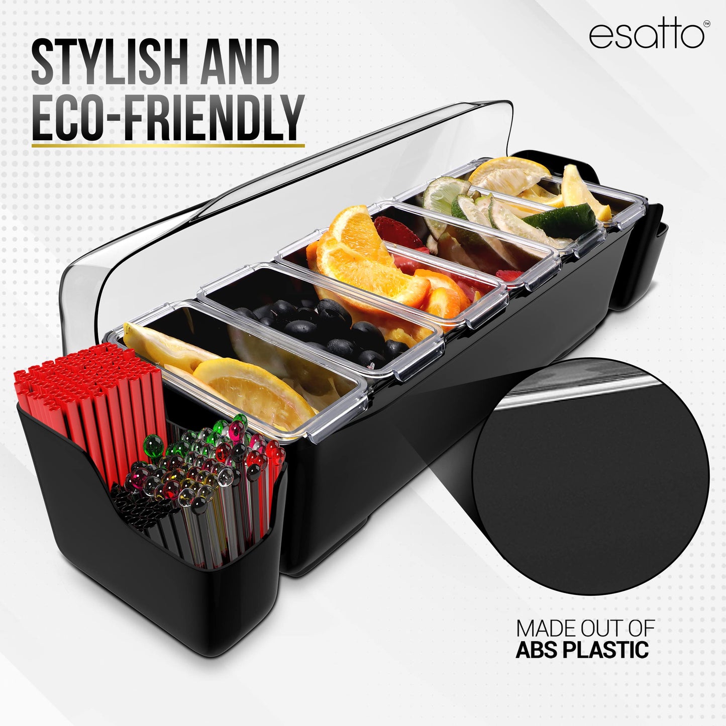 Esatto Bar Products Bar Set with Condiment Holder with 6 Internal Compartments and 2 Detachable External Compartments, 2 Shaker Mats, 1 Muddler, 1 Glass Rimmer and 24 Black Pourers with Covers