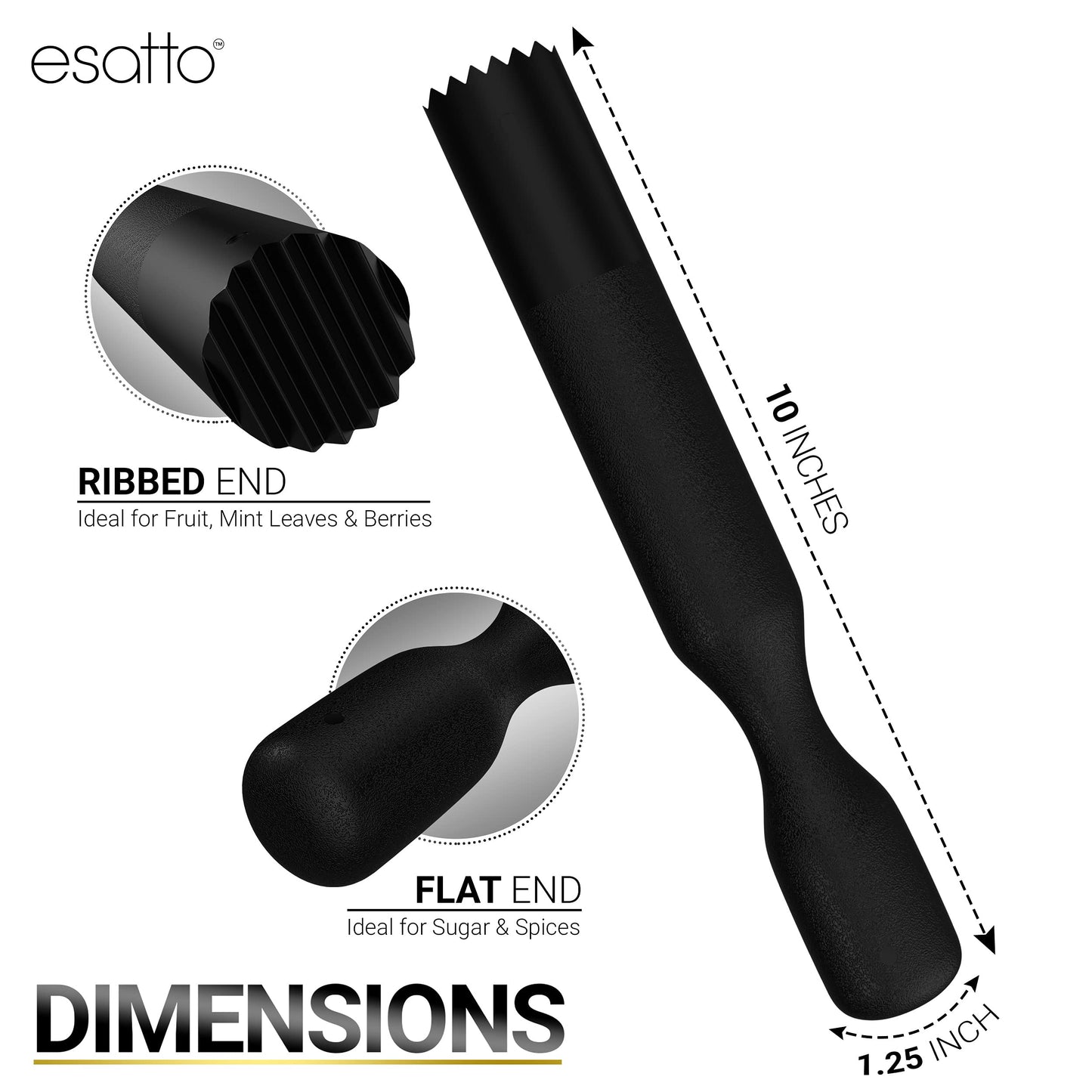 Esatto Muddler 25 CM (10”) Ribbed – ABS, – Durable and Ribbed for Mashing Fruits, Berries, Sugar, Spices, and Herbs (White)