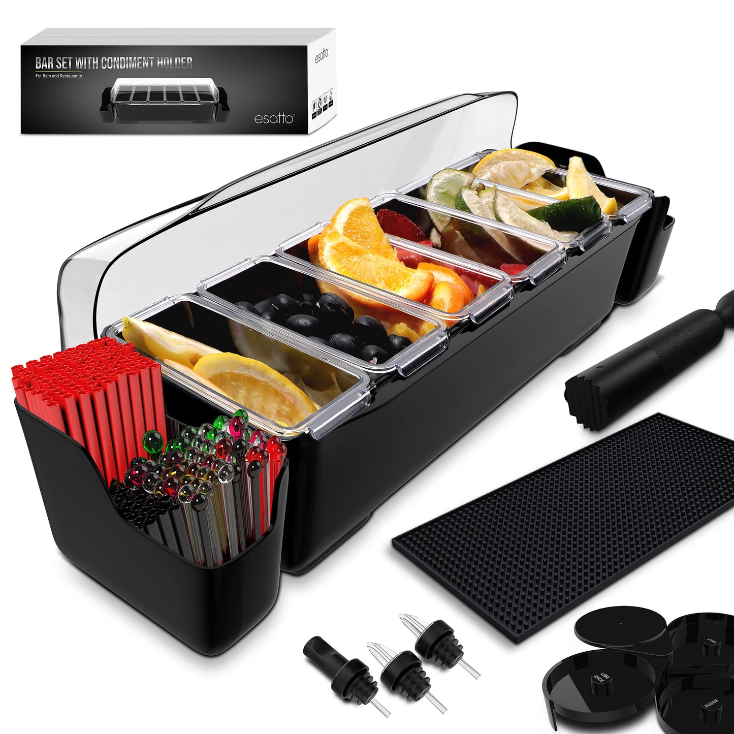 Esatto Bar Products Bar Set with Condiment Holder with 6 Internal Compartments and 2 Detachable External Compartments, 2 Shaker Mats, 1 Muddler, 1 Glass Rimmer and 24 Black Pourers with Covers