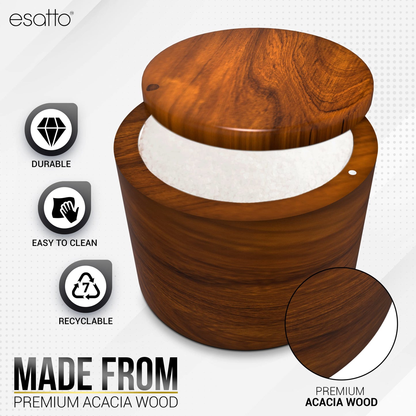 Essato Round Acacia Wooden Salt Box, Magnetic Swivel Lid, Salt pepper or Spice Storage Box, 2 Wine Pourers Included